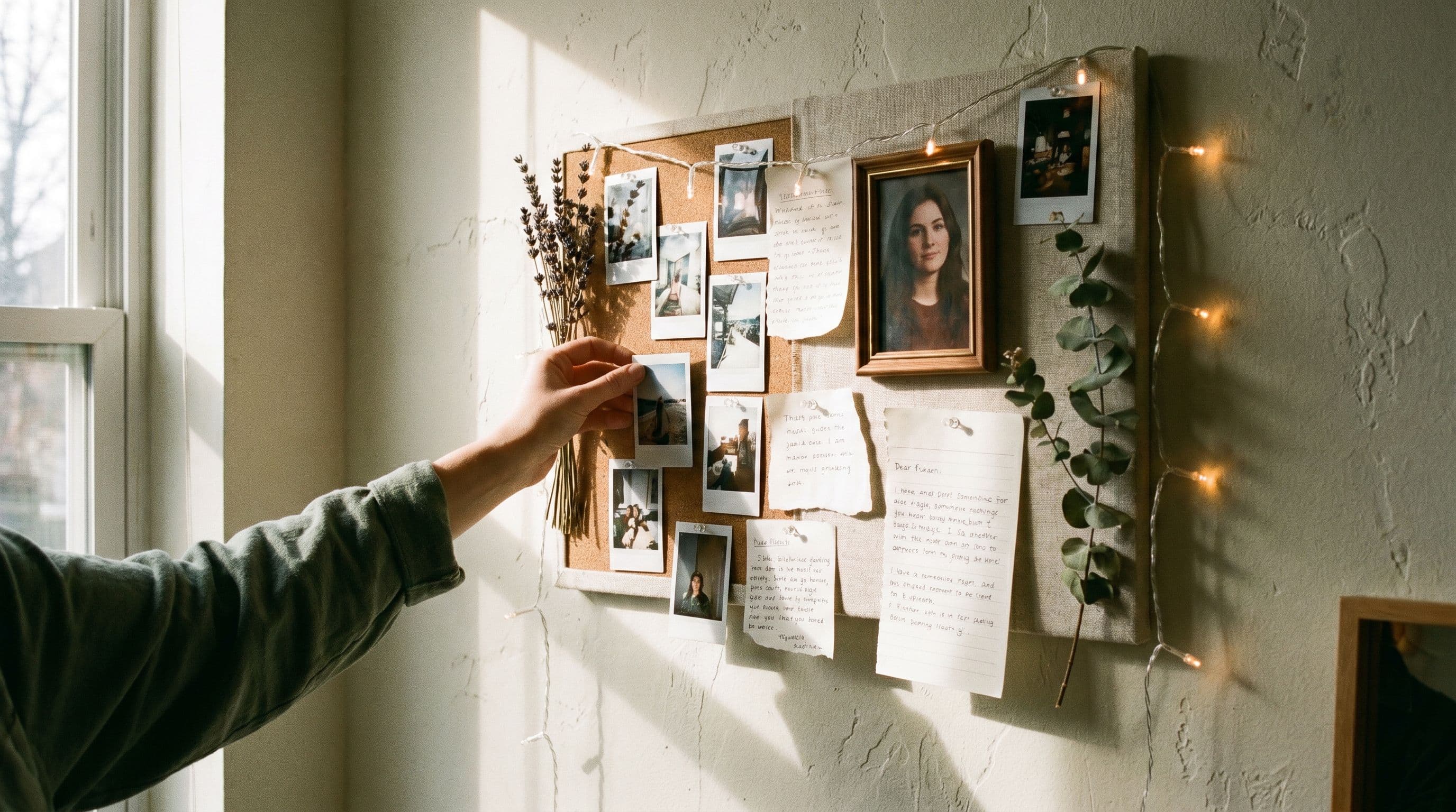 A personal vision board on a wall, washed in morning light